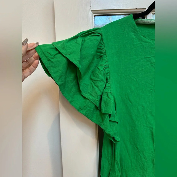 Fanm Mon 100% Linen Weave Snap Placket Short Flutter Sleeves Dress Size Medium M - Picture 3 of 12